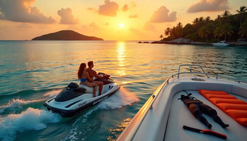 Couple on jet ski near yacht with water toys for yachting in Caribbean.